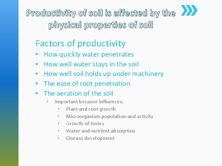 Productivity of soil is affected by the physical properties of soil Factors of productivity