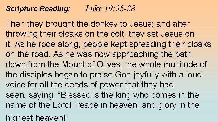 Scripture Reading: Luke 19: 35 -38 Then they brought the donkey to Jesus; and