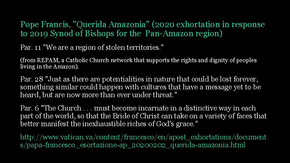 Pope Francis, "Querida Amazonia" (2020 exhortation in response to 2019 Synod of Bishops for