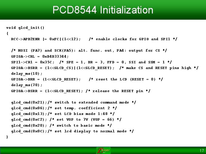 PCD 8544 Initialization void glcd_init() { RCC->APB 2 ENR |= 0 x. FC|(1<<12); /*