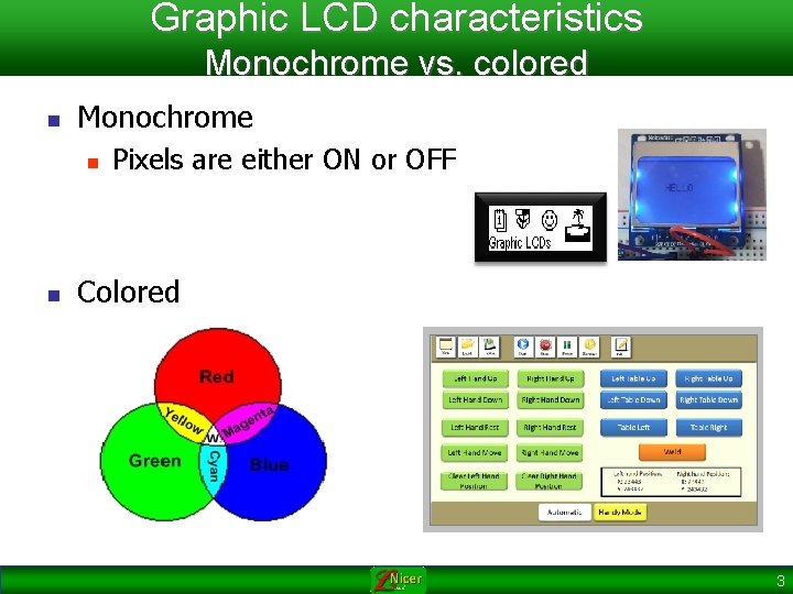 Graphic LCD characteristics Monochrome vs. colored n Monochrome n n Pixels are either ON