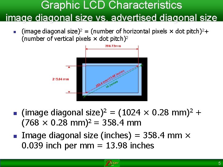 Graphic LCD Characteristics image diagonal size vs. advertised diagonal size n n n (image