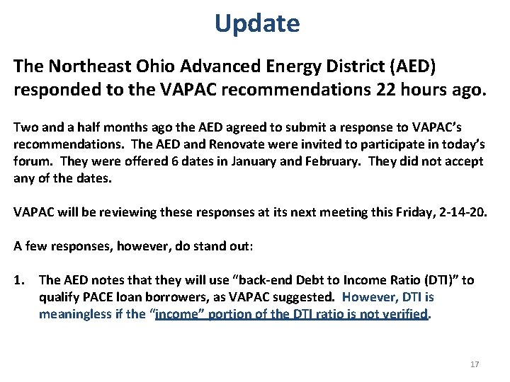 Update The Northeast Ohio Advanced Energy District (AED) responded to the VAPAC recommendations 22