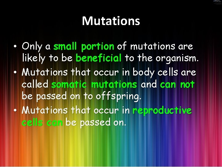 Mutations • Only a small portion of mutations are likely to be beneficial to