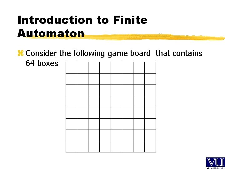 Introduction to Finite Automaton z Consider the following game board that contains 64 boxes