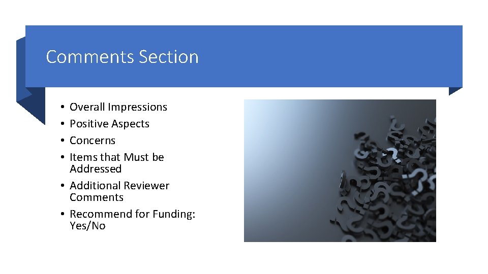 Comments Section Overall Impressions Positive Aspects Concerns Items that Must be Addressed • Additional