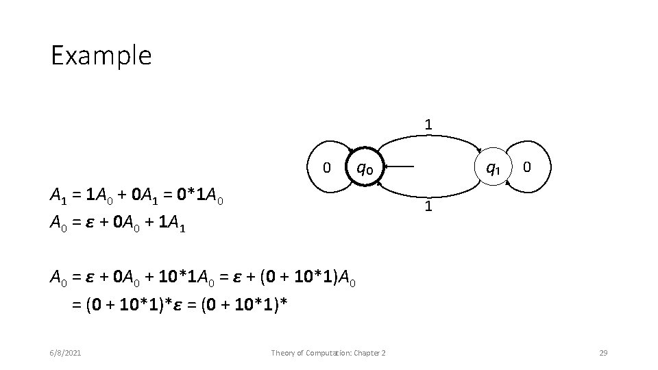 Example 1 0 q₀ A 1 = 1 A 0 + 0 A 1