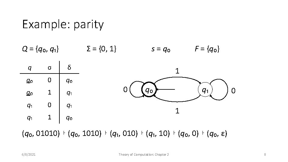 Example: parity Q = {q₀, q₁} Σ = {0, 1} q σ δ q₀