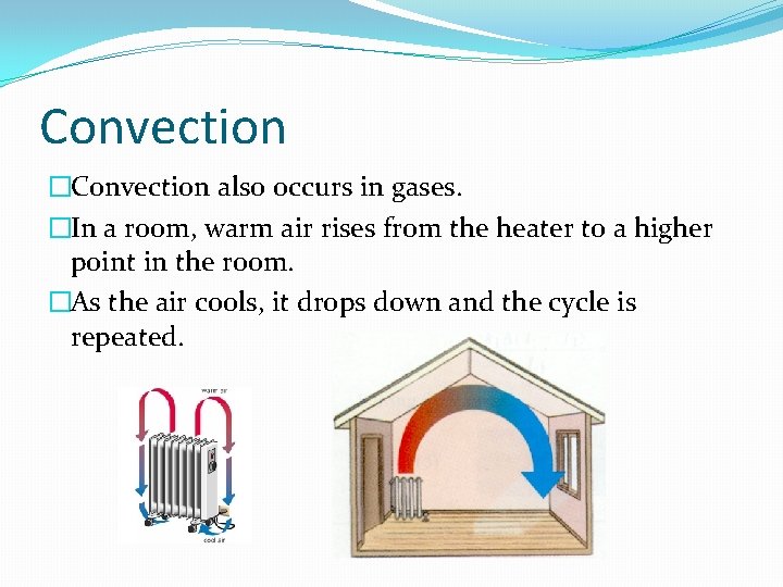 Convection �Convection also occurs in gases. �In a room, warm air rises from the