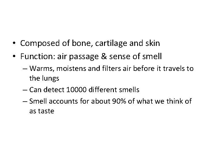  • Composed of bone, cartilage and skin • Function: air passage & sense