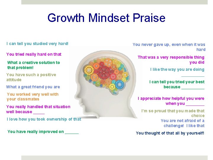 Growth Mindset Praise I can tell you studied very hard! You tried really hard