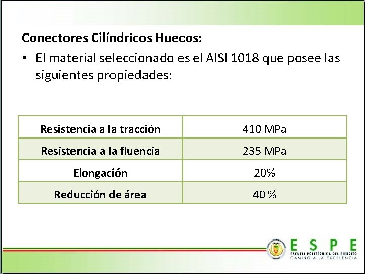 Conectores Cilíndricos Huecos: • El material seleccionado es el AISI 1018 que posee las