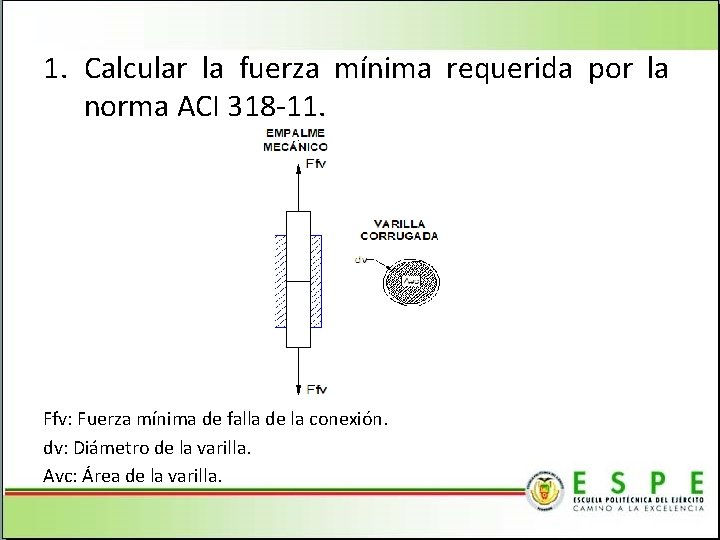 1. Calcular la fuerza mínima requerida por la norma ACI 318 -11. Ffv: Fuerza