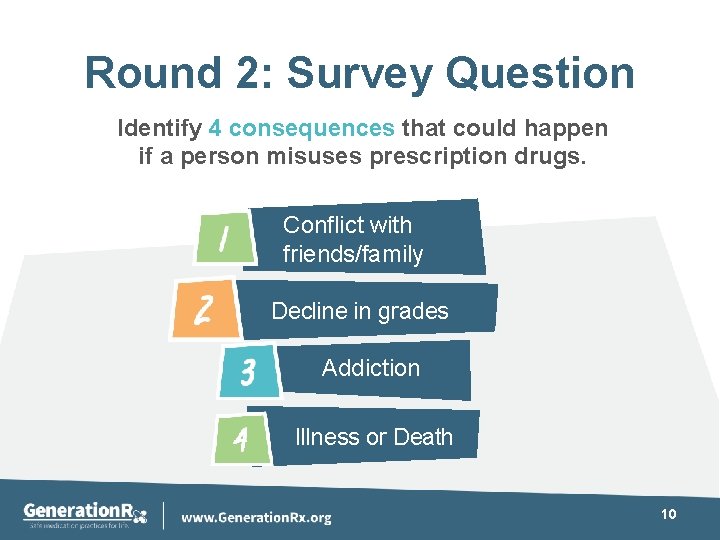 Round 2: Survey Question Identify 4 consequences that could happen if a person misuses