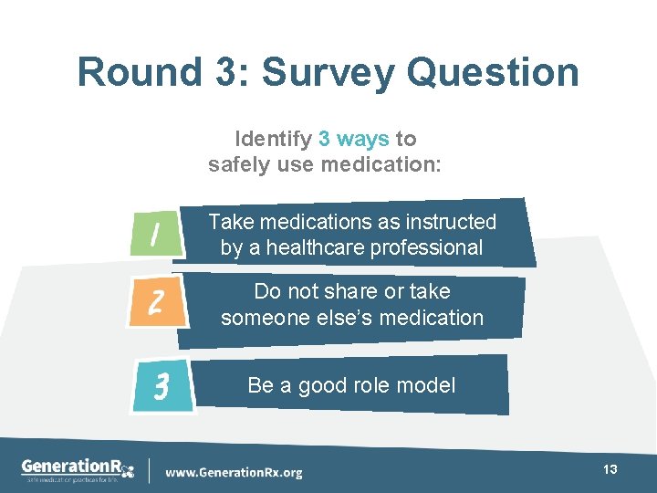 Round 3: Survey Question Identify 3 ways to safely use medication: Take medications as