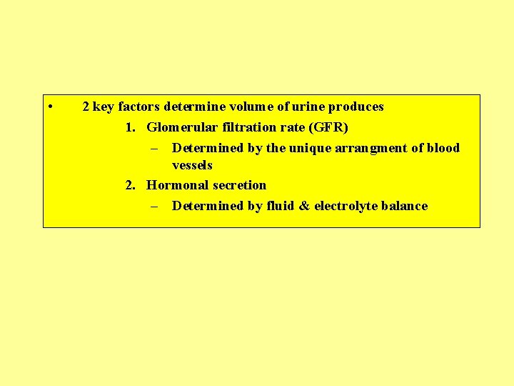  • 2 key factors determine volume of urine produces 1. Glomerular filtration rate