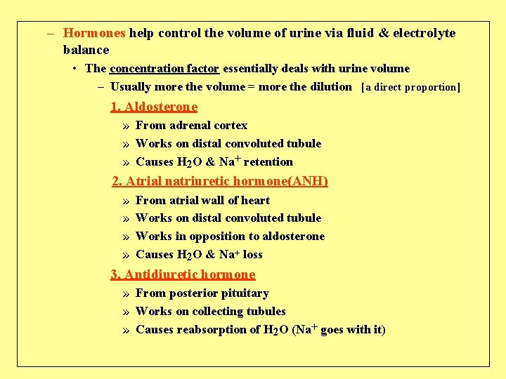 – Hormones help control the volume of urine via fluid & electrolyte balance •