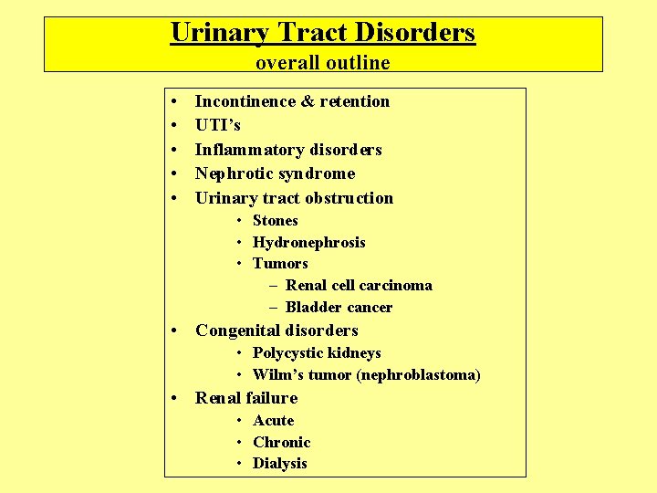 Urinary Tract Disorders overall outline • • • Incontinence & retention UTI’s Inflammatory disorders