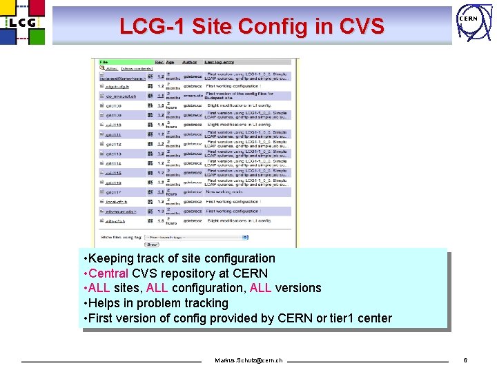 LCG-1 Site Config in CVS CERN • Keeping track of site configuration • Central