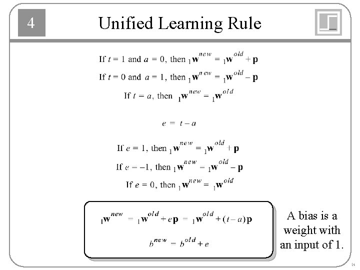 4 Unified Learning Rule A bias is a weight with an input of 1.