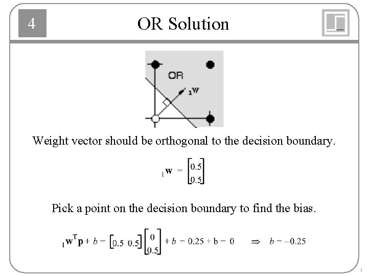 4 OR Solution Weight vector should be orthogonal to the decision boundary. Pick a