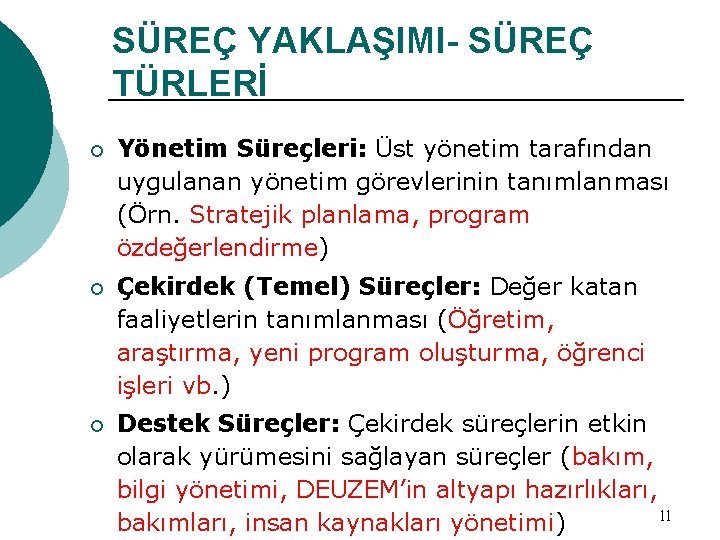 SÜREÇ YAKLAŞIMI- SÜREÇ TÜRLERİ ¡ Yönetim Süreçleri: Üst yönetim tarafından uygulanan yönetim görevlerinin tanımlanması