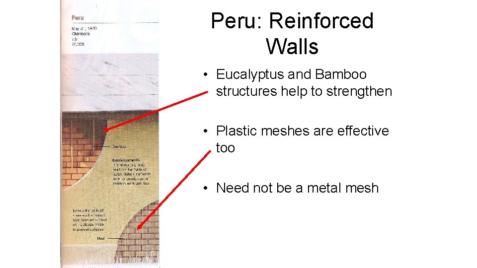 Peru: Reinforced Walls • Eucalyptus and Bamboo structures help to strengthen • Plastic meshes