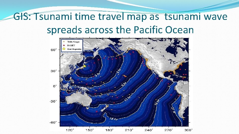 GIS: Tsunami time travel map as tsunami wave spreads across the Pacific Ocean 