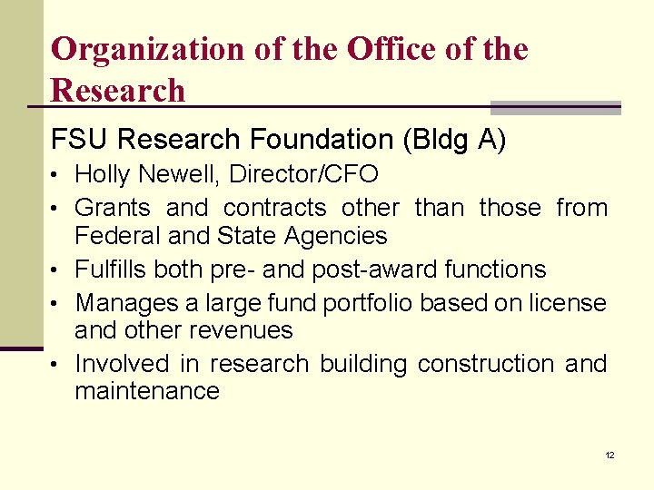 Organization of the Office of the Research FSU Research Foundation (Bldg A) • Holly