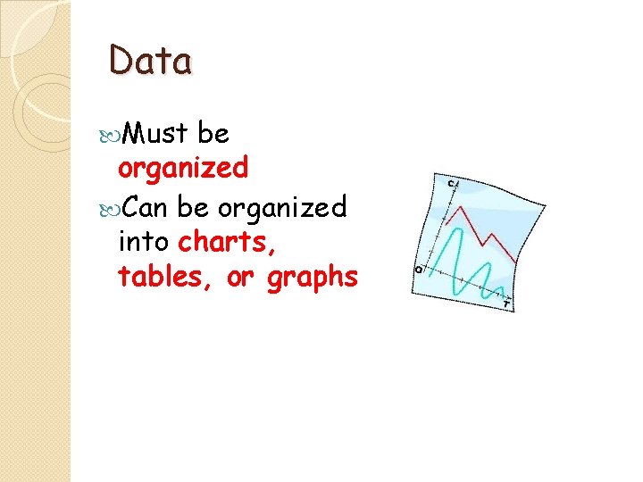 Data Must be organized Can be organized into charts, tables, or graphs 