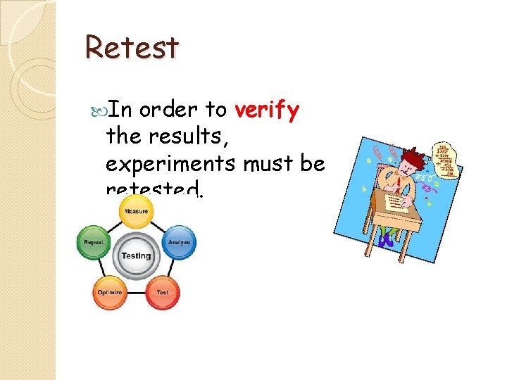 Retest In order to verify the results, experiments must be retested. 