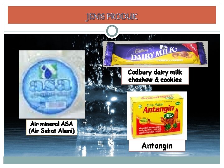 JENIS PRODUK Cadbury dairy milk chashew & cookies Air mineral ASA (Air Sehat Alami)