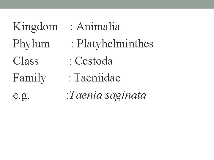 Kingdom : Animalia Phylum : Platyhelminthes Class : Cestoda Family : Taeniidae e. g.