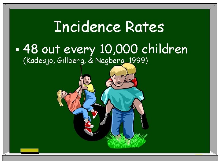 Incidence Rates § 48 out every 10, 000 children (Kadesjo, Gillberg, & Nagberg, 1999)