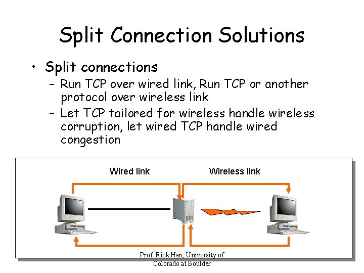 Split Connection Solutions • Split connections – Run TCP over wired link, Run TCP