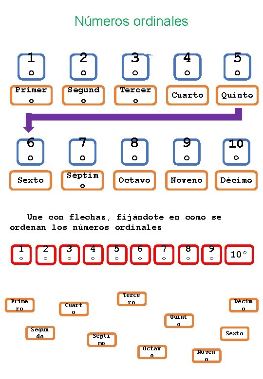 Números ordinales 1 º 2 º 3 º 4 º 5 º Primer o