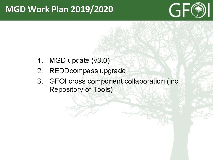 MGD Work Plan 2019/2020 1. MGD update (v 3. 0) 2. REDDcompass upgrade 3.