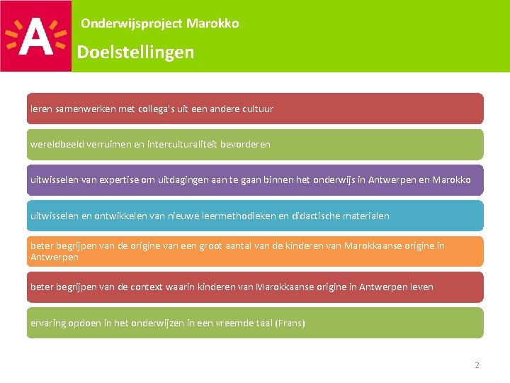 Onderwijsproject Marokko Doelstellingen Visie leren samenwerken met collega's uit een andere cultuur wereldbeeld verruimen