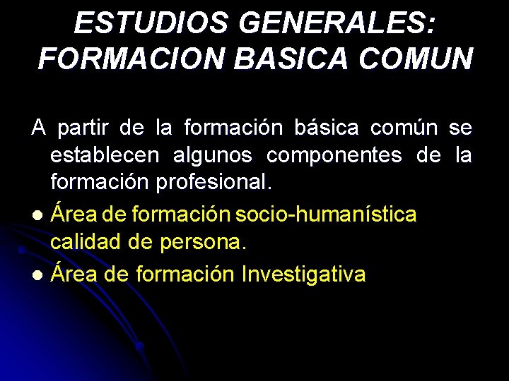 ESTUDIOS GENERALES: FORMACION BASICA COMUN A partir de la formación básica común se establecen