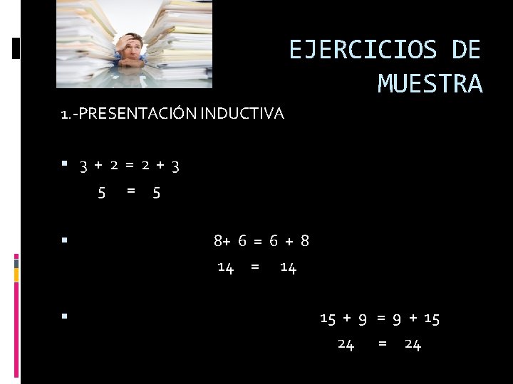 EJERCICIOS DE MUESTRA 1. -PRESENTACIÓN INDUCTIVA 3 + 2 = 2 + 3 5