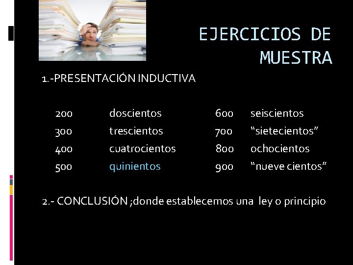 EJERCICIOS DE MUESTRA 1. -PRESENTACIÓN INDUCTIVA 200 300 400 500 doscientos trescientos cuatrocientos quinientos