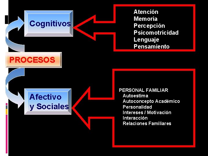 Cognitivos Atención Memoria Percepción Psicomotricidad Lenguaje Pensamiento PROCESOS Afectivo y Sociales PERSONAL FAMILIAR Autoestima