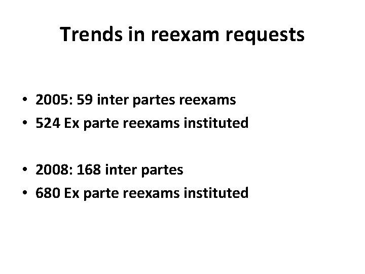 Trends in reexam requests • 2005: 59 inter partes reexams • 524 Ex parte