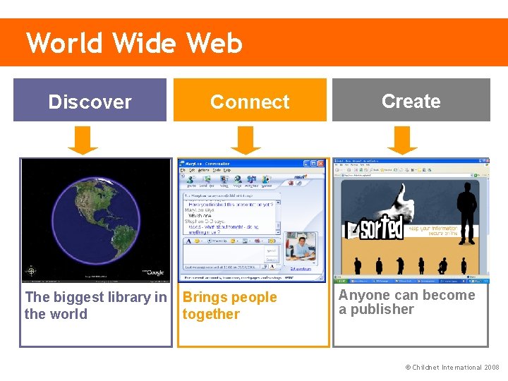 World Wide Web Discover Connect Create § Search engines § Email/chat § Blogs (web