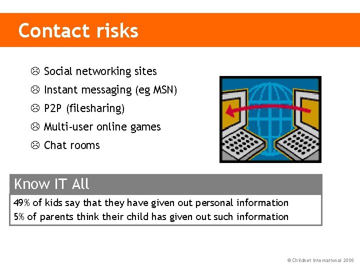 Contact risks L Social networking sites L Instant messaging (eg MSN) L P 2