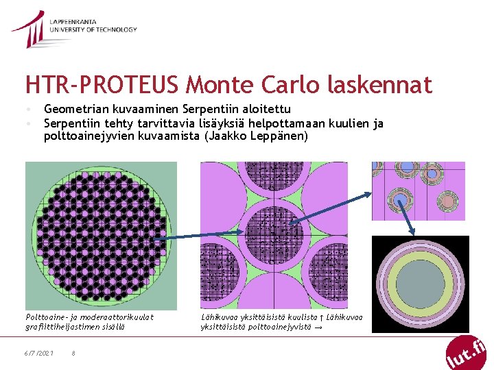 HTR-PROTEUS Monte Carlo laskennat • Geometrian kuvaaminen Serpentiin aloitettu • Serpentiin tehty tarvittavia lisäyksiä