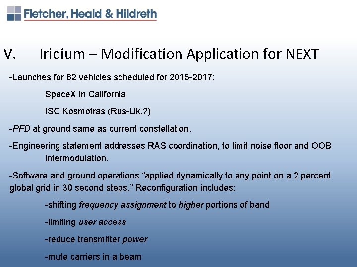 V. Iridium – Modification Application for NEXT -Launches for 82 vehicles scheduled for 2015