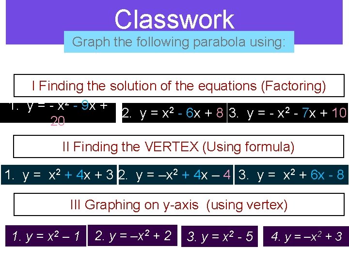 Classwork Graph the following parabola using: I Finding the solution of the equations (Factoring)