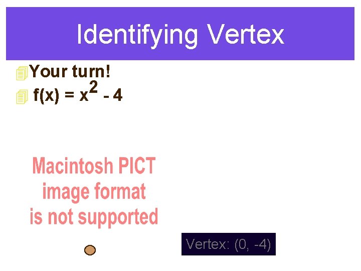 Identifying Vertex 4 Your turn! 2 4 f(x) = x - 4 Vertex: (0,