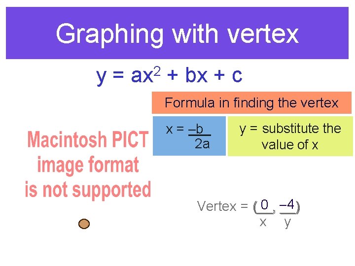 Graphing with vertex y = ax 2 + bx + c Formula in finding